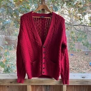 Aran Woolen Mills Men's Red Cable Knit Cardigan Sweater Size L